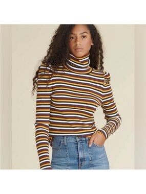 Veronica Beard Striped Turtleneck in Brown, Mustard, White, Black, Navy